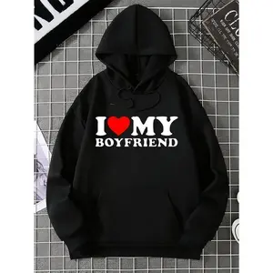 Cozy Cotton Blend Heart Print Hoodie - "I Love My Boyfriend" Pullover with Kangaroo Pocket - Casual Streetwear for Men, Perfect Valentine's Gift