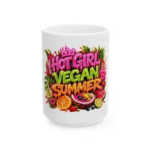 Hot Girl Vegan Summer Mug | Colorful Fruit Bowl Graphic