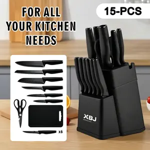 15-Piece Kitchen Knife Set - High-carbon stainless steel, includes sharp serrated steak knives, chef's knife, bread knife, and scissors. Pink cutlery set, pastel-themed Valentine's Day kitchenware.