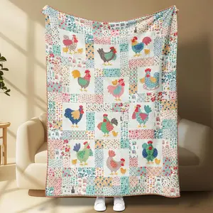 Vibrant Country Style Chicken Pattern Patchwork Quilt for Sofa Bed and Living Room Decor