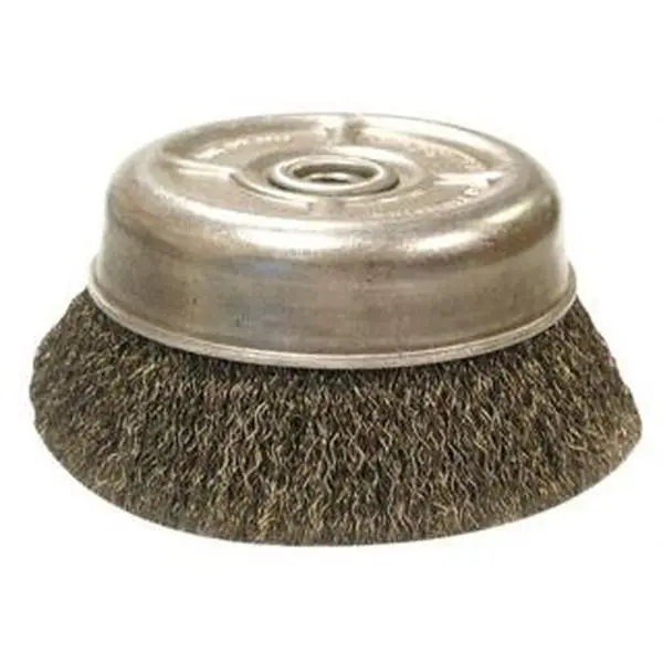 Anderson Products Stainless Steel Crimped Wire Fill Cup Brush - 6" Diameter, 5/8-11 Threaded Arbor, 0.02" Wire Diameter, 1-3/8" Trim, 6600 Max RPM, Model 10355