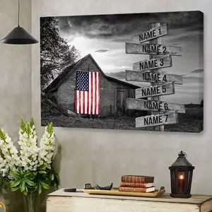 Personalized Family Name American Flag Barn Door Wall Mural - Family Tree & Street Signs on Vertical Canvas Panel, / Farmhouse Decor for for 2-10 Families, Ancestry Display for, Bedroom, Office - Bohemian