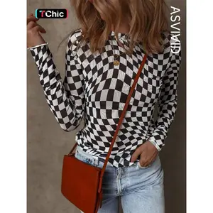 Women's Checkered Mesh Mock Neck Long Sleeve Top, Stylish Fitted for All Season, Ladies Casual Clothes