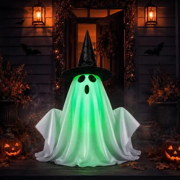 12.6 in Spooky Lightweight Sound & Touch Activated Animated Floating Ghost Halloween Decoration, Green Light Face, Scary Sound, Bobbing Design, Black Witch Hat, Festive Home Prop (3AAA Batteries Not Included)