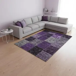 HomeRoots 655168 10x14 ft. Eggplant Gray & Purple Patchwork Washable Rectangular Area Rug, Machine-Made with UV Protection, Patchwork Area Rugs, Rectangular Area Rugs