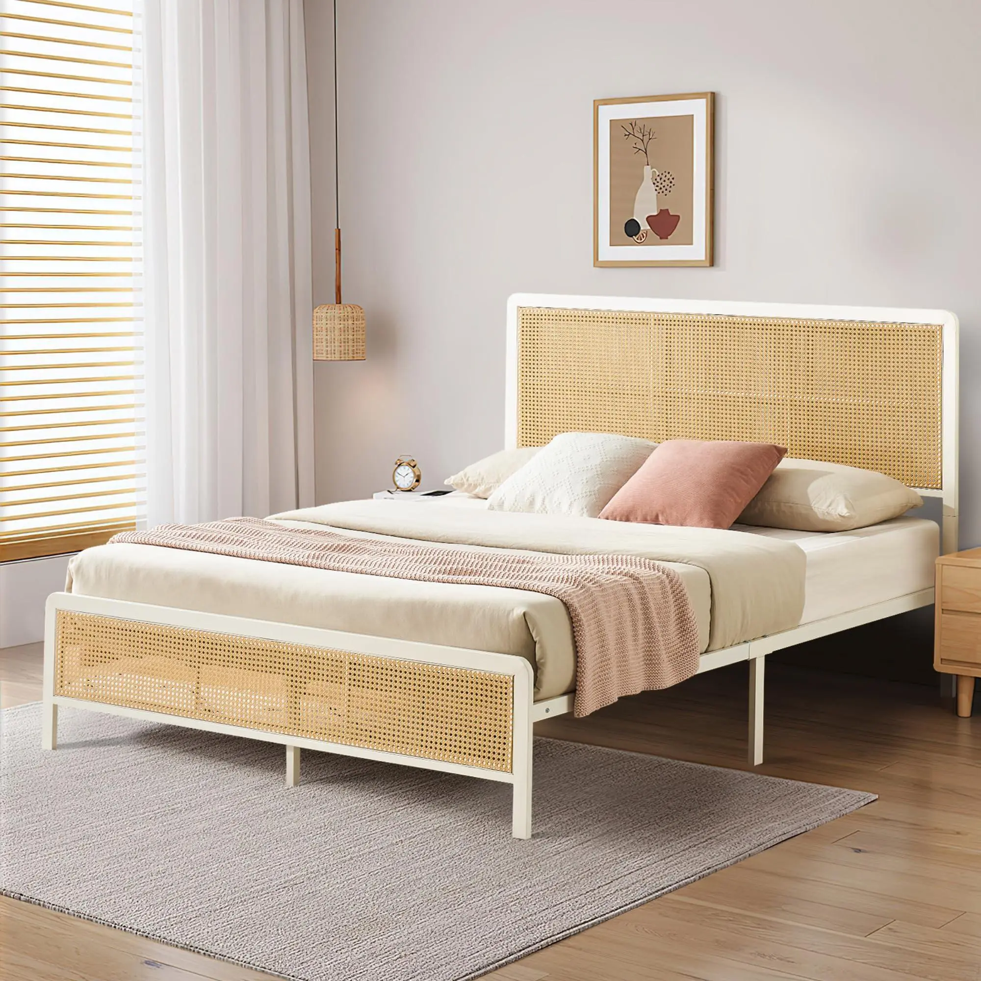 Full Size Platform Bed Frame with Headboard & Footboard, Boho Rattan Bed Frame with Heavy Duty Metal Slats, No Box Spring Needed, Sturdy Noise-Free Bedroom Furniture, White