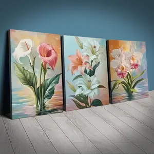 3-Piece Floral Canvas Art Set, Water Lily Bloom Wall Decor, Luxurious Flower Artwork for Home Decoration, Easy to Install & Hang