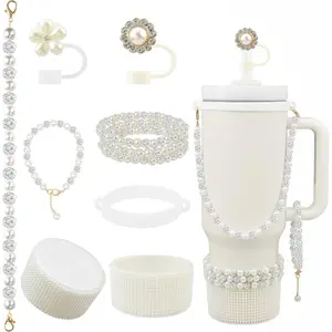 Cup Accessories for 30/40oz Tumbler containing Pearl Straw Cover Topper, Silicone Cup Boot, Water Bottle Handle Strap& Pearl Bracelets Charms(Pearls with Silver Beads)