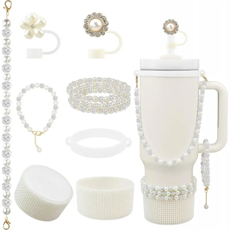 Bathroom Reusable Stylish 30/40oz Tumbler Accessory Set - Pearl and Gold Bead Accessory Kit with Pearl Straw Cover Topper, Silicone Cup Boot, Water Bottle Handle Strap, Bracelet Charm for Cup Protection During Park Strolls, Protects Cup