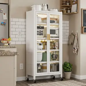 Heavy Duty Kitchen Bakers Rack Rolling Storage Cabinet Microwave Stand Space Saving Organizer Mobile Cart With Double Doors And 360 Wheels
