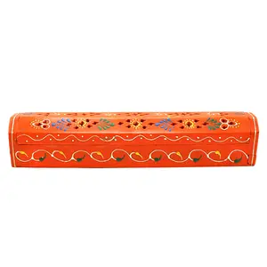 12 in. Orange Hand-Painted Wood Incense Coffin Box