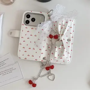 Creative Cherry Wallet with Lace Bow Phone Case, Suitable For iPhone 17 16 15 14 13 Pro Max, Shockproof Protective Case