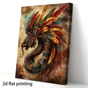 1 Piece Pudraw Aztec Thunderbird Art Print - 11.8x 15.7inch Vivid Feather Snake Wall Decor, Colorful Vintage Minimalist Canvas Artwork, Suitable for Living Room, Bedroom, Home Office - Cultural Centerpiece, Anniversary Gift, Snake Decoration
