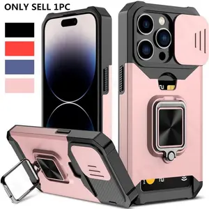 Shockproof Protective Phone Case with Card Slot, 1 Count Slide Lens Protector Phone Case with Ring Holder, Phone Accessories for iPhone 12 13 14 15 iPhone 16 Series, Protective Phone Cover