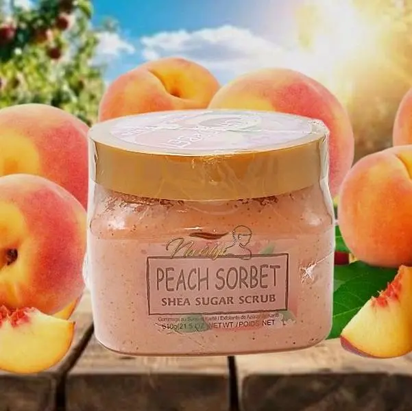Neverlye Peach Sugar Scrub. 610g which is a 17.oz jar. Smells like a desert, Help soften up the skin gets rid of darkspots to restore.