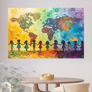 2D Flat Banner Polyester Photography Backdrop, HD Digitally Printed Soft Lightweight Foldable Background Cloth featuring a Colorful World Map with Holding Hands Silhouette Design, ideal for Studio Shooting, Portrait Photography, P