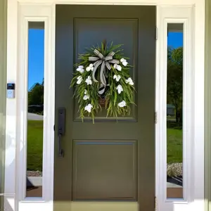 Tulip Door Knocker, 18-Inch Spring Floral Door Knocker with Striped Bow, Rustic Style Front Door Decor