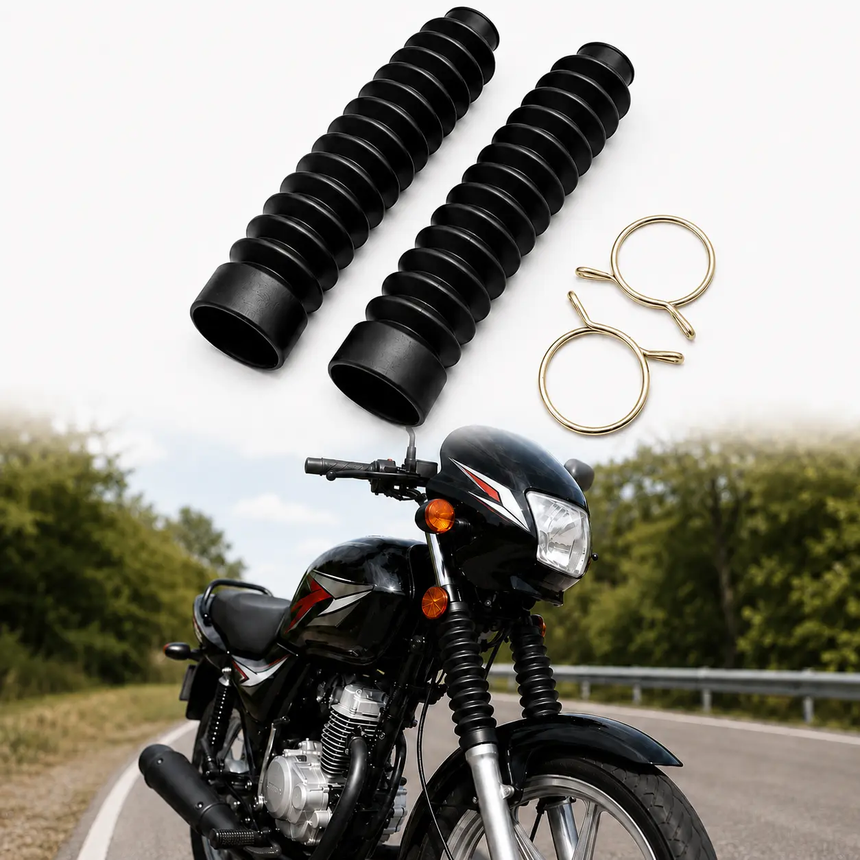 Black Motorcycle Front Fork Rubber Gaiter Boots Pair for Street Off-Road Dirt Bike Telescopic Forks, Universal-Style Front Suspension Dust Cover Sleeves with Rubber Mounting Rings, Fork Seal Stanchion Protection Motorcycle Parts