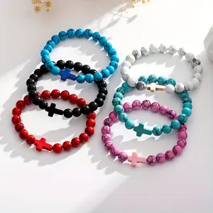 2025 New Vintage Simple Style Elastic Strand with Natural Stone Beads and Cross Charm, Unisex, Suitable for Daily Wear - Pack of 1