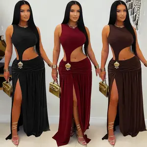 Fashion Women's Sexy Solid Color Sleeveless Crop Open Fork Dress