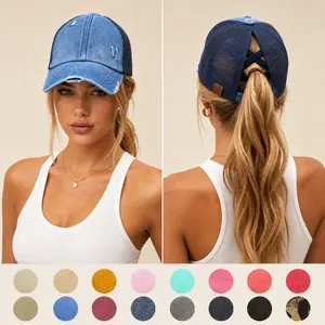C.C Spring Ponytail Baseball Cap for Women – Distressed Denim, Adjustable Criss-Cross Back, Sun Protection, Perfect for Mother's Day Gift