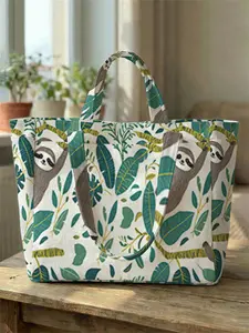 1 piece of sloth and greenery pattern printed travel bag, large capacity storage bag durable and wear-resistant, multi-pocket design, zipper closure design suitable for multiple scenarios