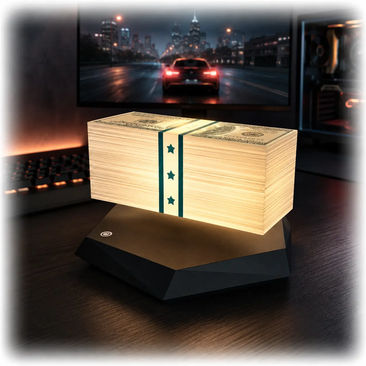 Magnetic Levitating Money Stack Night Light | LED 3-Color Modes (Warm/Cool/White) 360° Floating Cash Ambient Lamp, Crime City Heist Room Decor for Bedside & Game Room & Halloween Decor