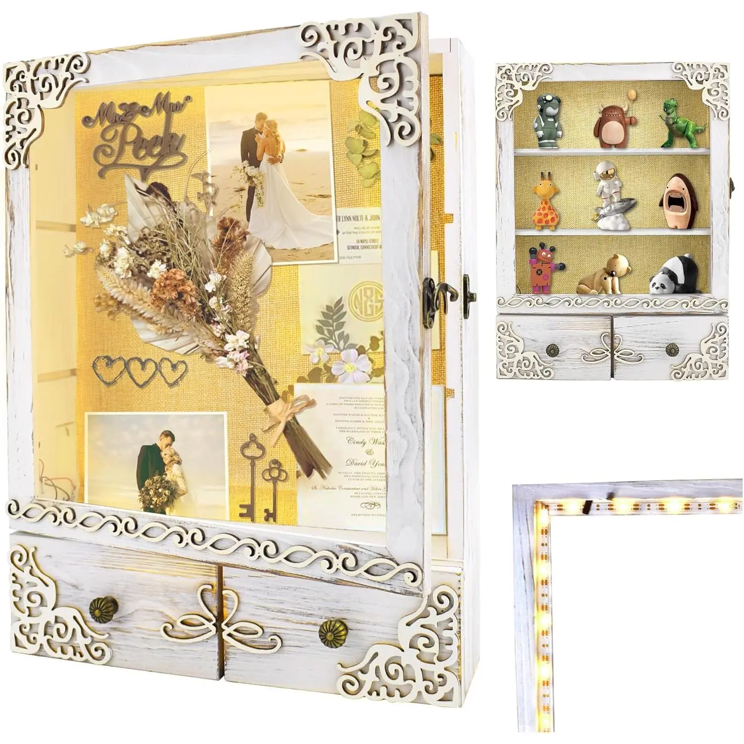 11x16 Shadow Box Frame with Light, Memorial Display Case with Shelves, Drawer and Slot for Keepsakes, Deep Wedding Shadow Box for Wedding Flowers, Bridal Memories and Wedding Gifts, White