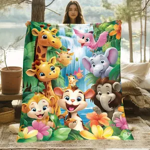 Cartoon Jungle Animal Print Throw Blanket, Cute Safari Themed Cozy Blanket, Soft Fluffy Lightweight Blanket for All Seasons, Anti-Pilling Washable Decorative Blanket