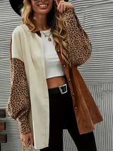 Women's Fall Winter Leopard Print Corduroy Jacket, Mid-Length Long Sleeve Coat, Stylish Casual Outerwear for Ladies