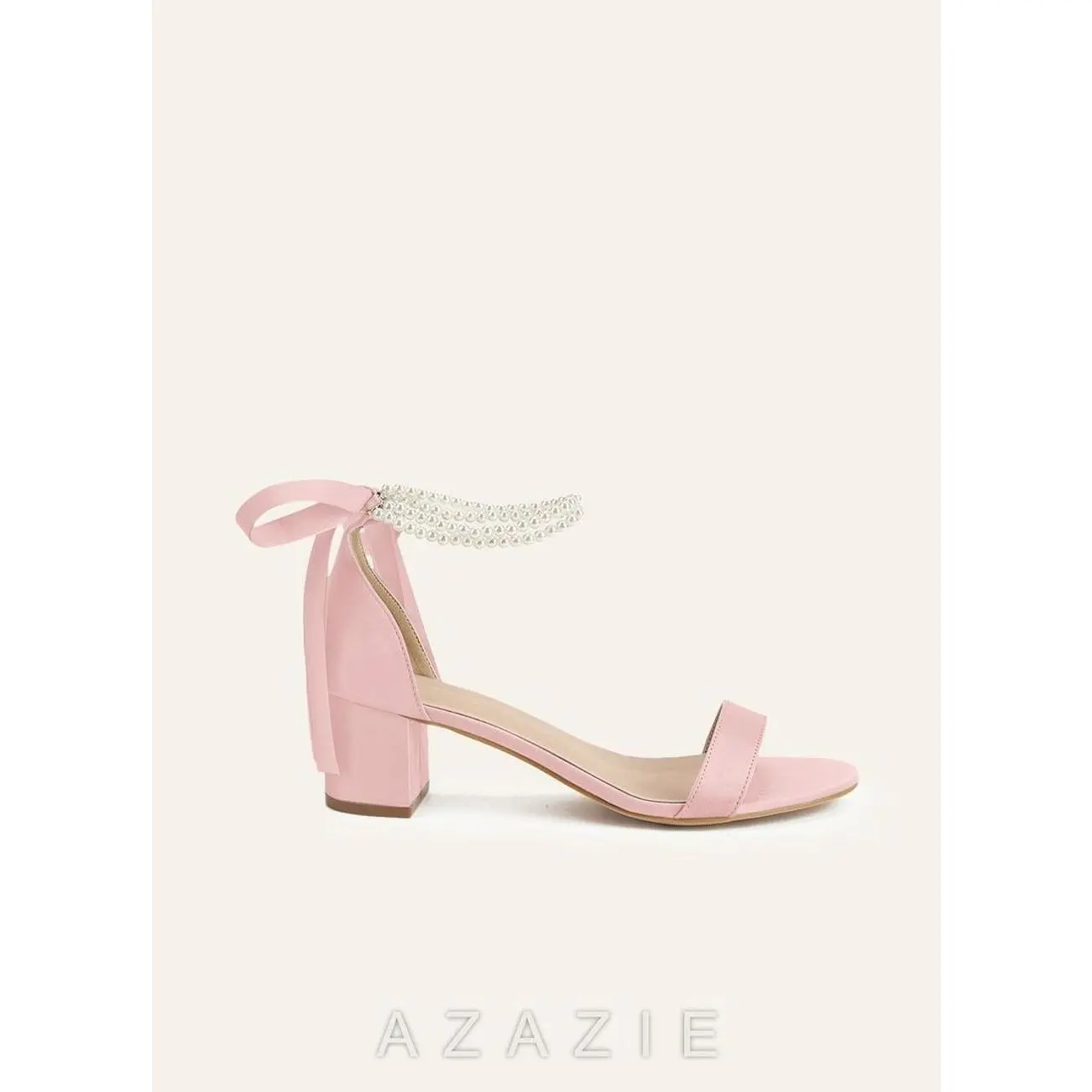 Matching Color Matte Satin Pearl and Bow Open Toe Chunky Heel Sandals