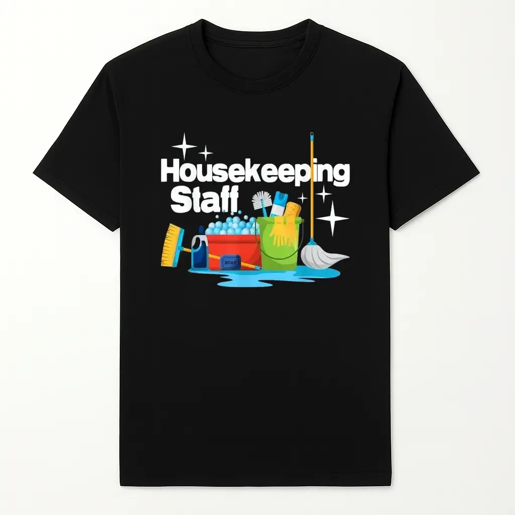 Women'S Housekeeping Staff Graphic T-Shirt - Black Casual Round Neck Short Sleeve Tee with Fun Cleaning Tools & Bold Letter Design, Soft Glossy Fabric, Machine Washable for Work Uniforms or Casual Casual Attire Top Womenswear