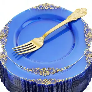 20-Piece Retro Gold Blue Plastic Dinnerware Set, 10x 7.5 Inch Plates & Forks, Multi-Purpose for Parties, Valentine's Day, Birthdays, Weddings