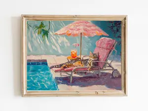 Tabby Cat Lounging Poolside with Tiki Cocktail Art Print, Cute Quirky Whimsical Art Bar Cart Decor, Trendy Home Decoration