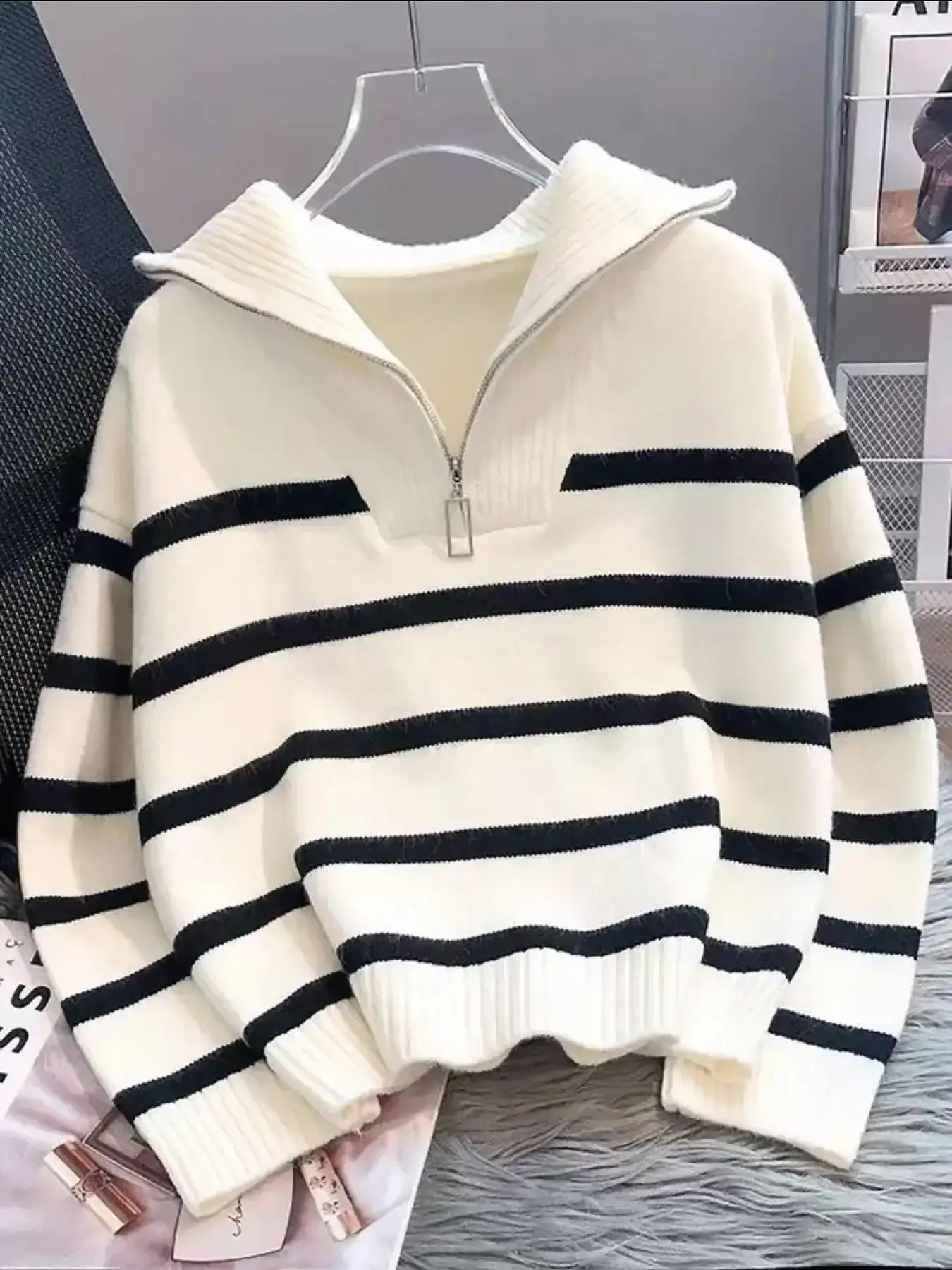 Women's Striped Print Zipper Drop Shoulder Sweater, Casual Long Sleeve Collared Jumper for Daily Outdoor Wear, Women Knitwear Top for Fall & Winter, N