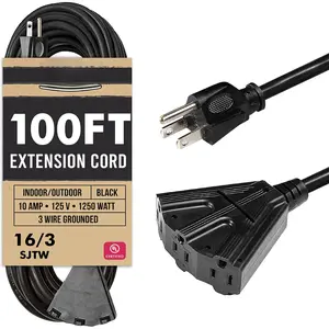 3 Outlet Black Extension Cord 100 ft, 16/3 SJTW Weatherproof Outdoor Extension Cord with Multiple Outlets 3 Prong, Heavy Duty Exterior Power  for Outside, Landscaping & Lawn