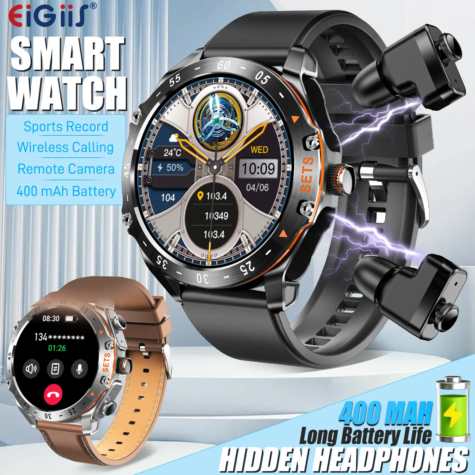 EIGIIS Smart Watch with Earbuds (Call Make Answer), 2 in 1 Wireless Smartwatch, 1.52" HD Screen Smartwatch for Men Women, Activity Recorder Long Time Standby Men Women Sports Smart Watch Compatible with iPhone Android Phones