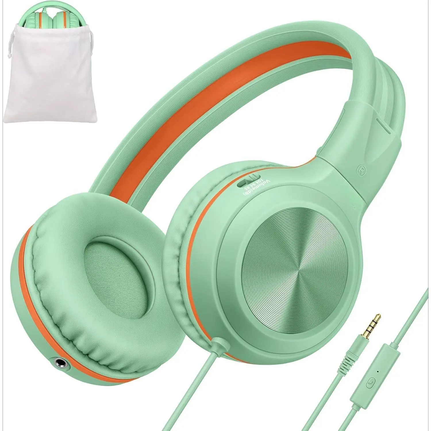 L-HPS001  Kids Wired Headphones with Microphone and 3-Level Volume Control, Stereo Corded Headphone Girls, Boys, On-Ear 3.5mm PC Headset Teens for Cellphones Tablets Chromebook Laptop Computer (Green)