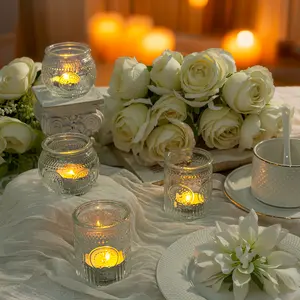 24-Piece Sunflower-Patterned Candle Glass Holder Set in Transparent/ Blue/ Amber/ Green Colors, Featuring 12 Round Cups and 12 Textured Cups, Suitable for Wedding, Party, Home