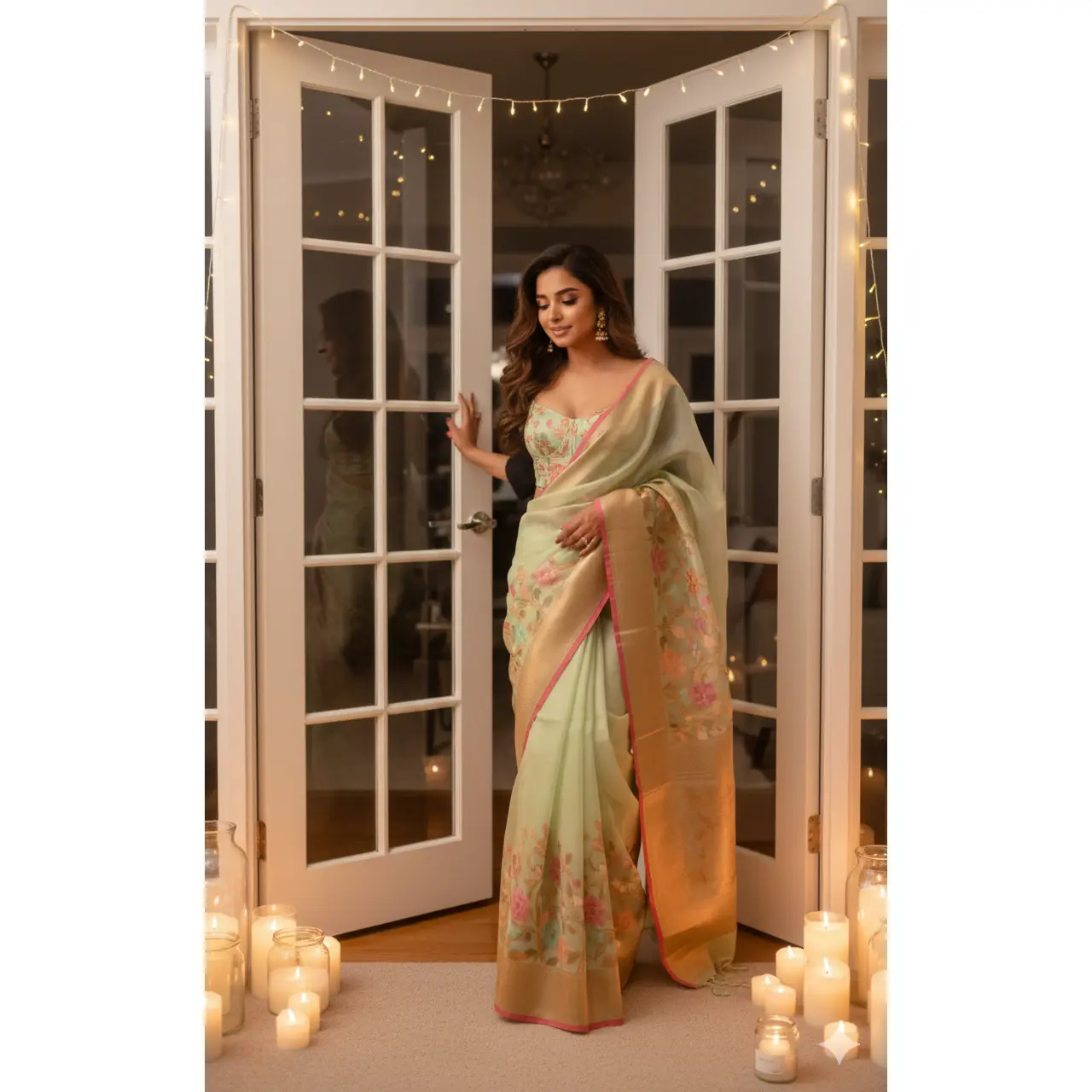Green Banarasi Tissue Silk Saree with Skirt Border Stitched Blouse