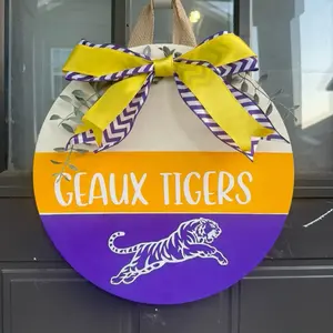 LSU Door Hanger with Geaux Tigers Design and Purple and Yellow Bow for Home Decor