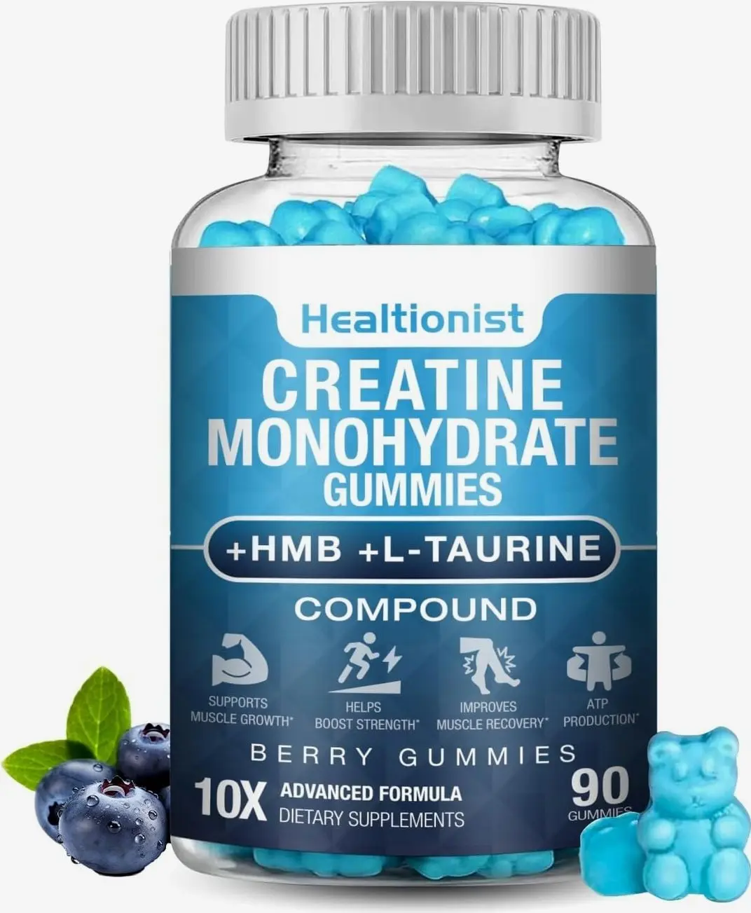 Healtionist 1 Pack 8000MG Creatine HMB Monohydrate Gummies for Men & Women,L-Carnitine, L-Taurine & Vitamin B6 12, 90 Blueberry Flavor Counts Supplement Gummies (30-Day Supply)