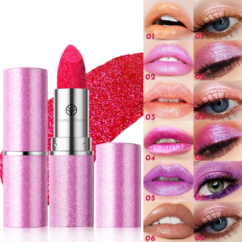 YOUNG VISION Chameleon 6-color Fine Sparkle Lipstick, Multi-purpose Facial Embossed Silk Screen Pearlescent Lipstick and Eyeshadow