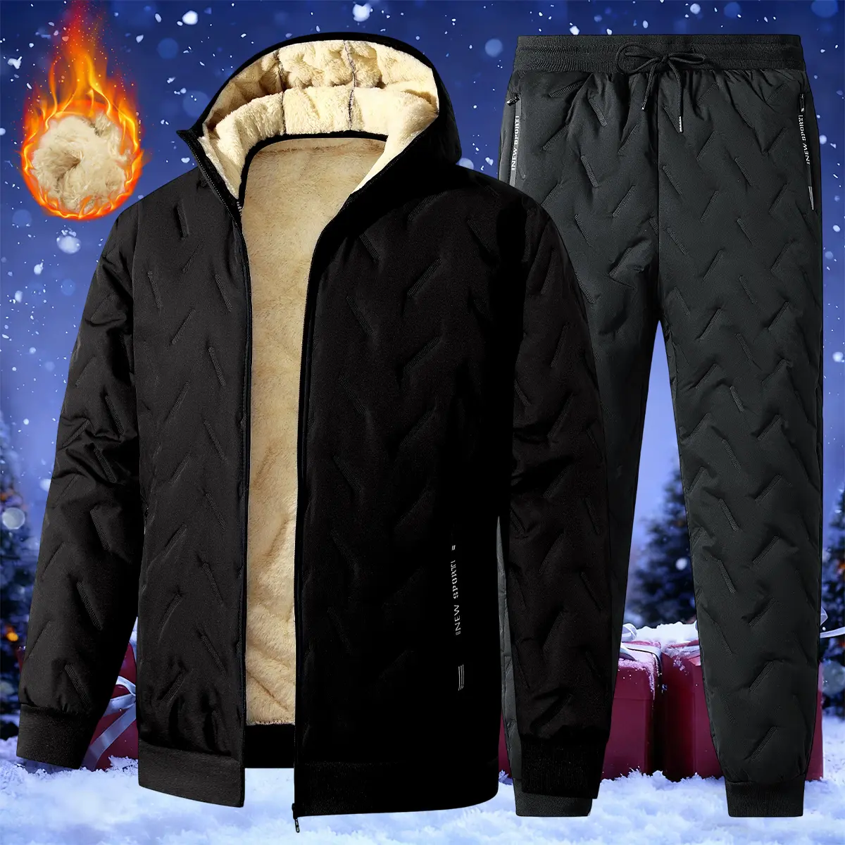 Men's Thick-Lined Hooded Insulated Warm Pull-On Regular Fit Set Jacket, 100% Polyester Sherpa Lining, Cold Weather Protection for Winter Trips & Daily Outdoor Walks, Ideal Christmas Gift