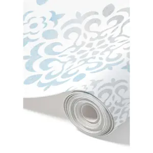 Peel and Stick Wallpaper Roll 20.5" x 16 ft Blue Damask Powder Blue Taupe Damask Print Removable Self Adhesive Easy Setup