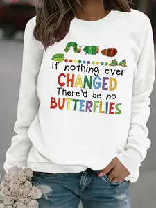 Women's Casual Fun Caterpillar Letter Print Pullover Sweater, Soft Long Sleeve Round Neck Sweatshirt, All Seasons Wear
