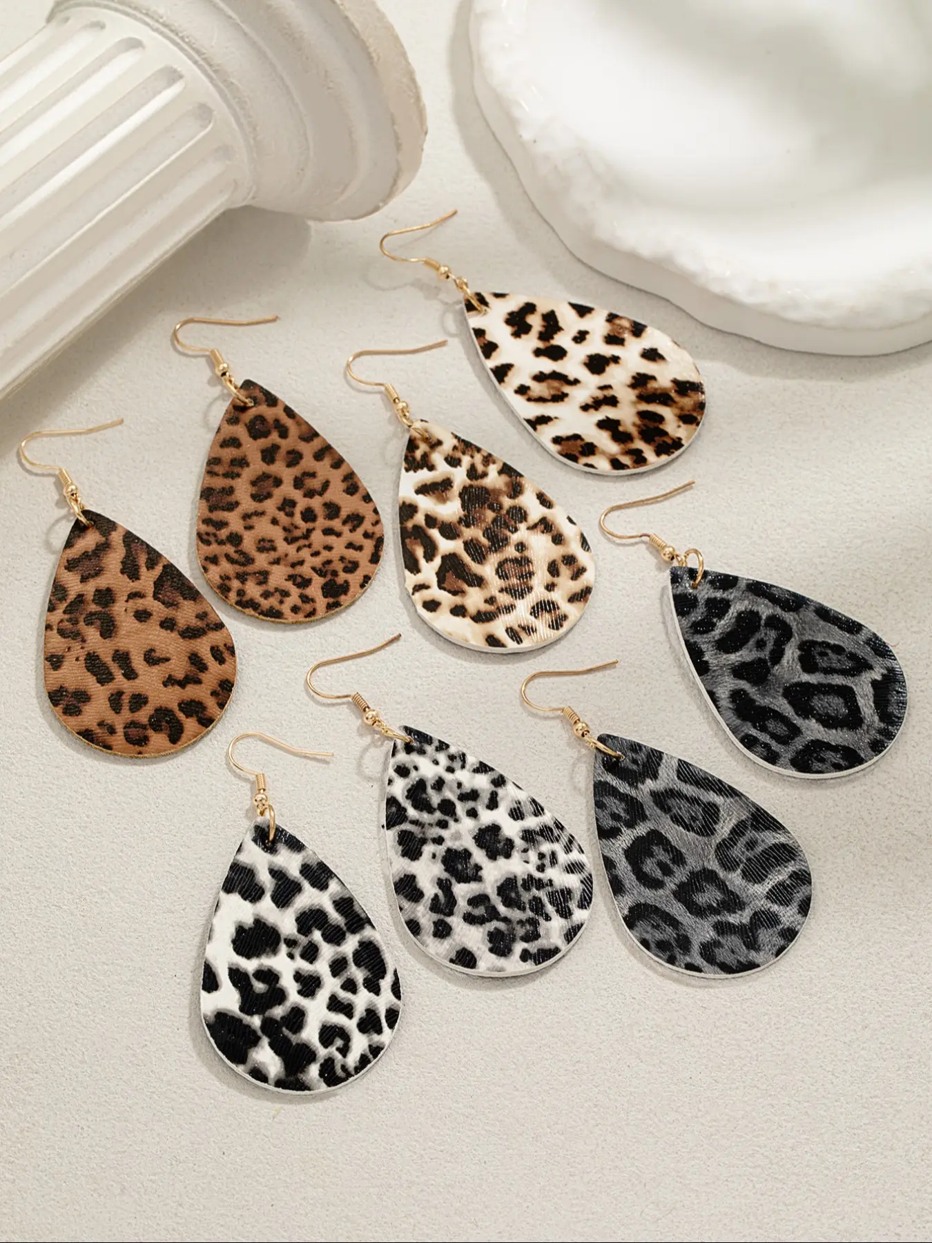 Women's Leopard Print Water Drop Earrings Set, Geometric Cowhide Pattern PU Leather Dangle Earrings for Fall Winter, Earrings Jewelry