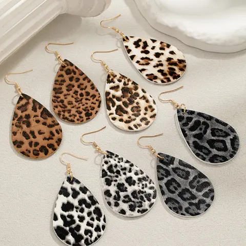 Women's Leopard Print Water Drop Earrings Set, Geometric Cowhide Pattern PU Leather Dangle Earrings for Fall Winter, Earrings Jewelry