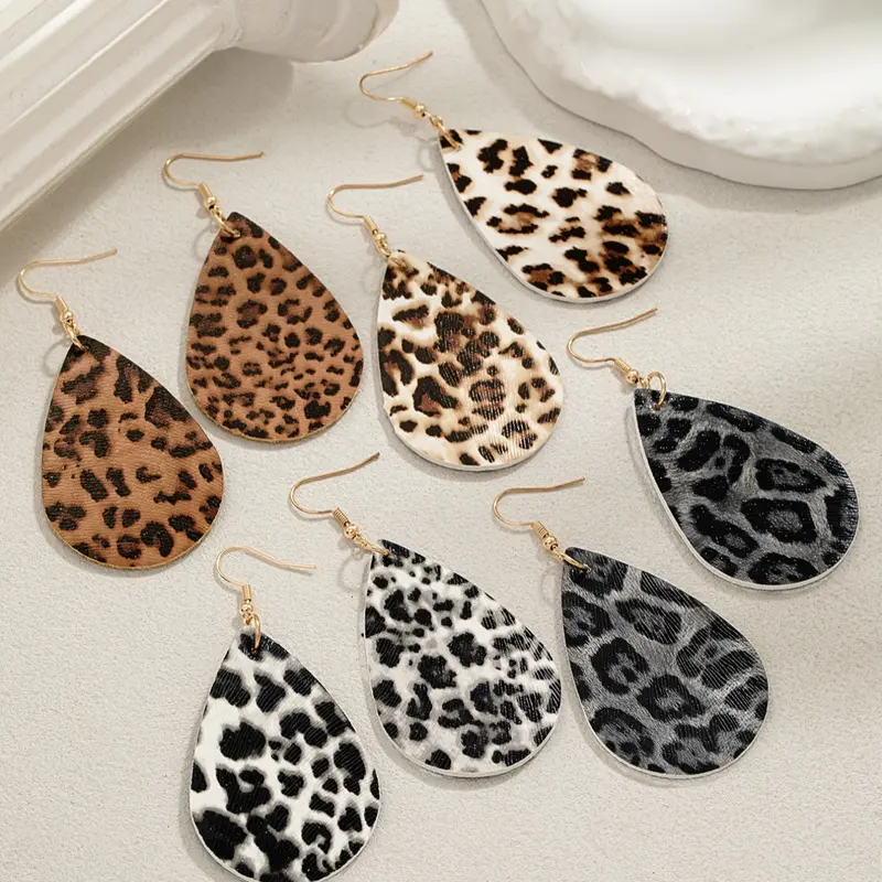 Women's Leopard Print Water Drop Earrings Set, Geometric Cowhide Pattern PU Leather Dangle Earrings for Fall Winter, Earrings Jewelry