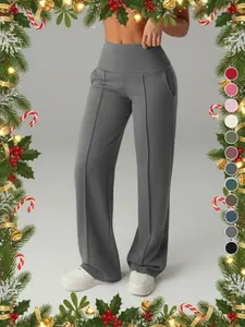 Women's Plain Loose Mid-Waist Straight Leg Pants, Sporty Casual Elastic Waist Trousers with Pockets, Comfortable Daily Wear for Fall & Winter